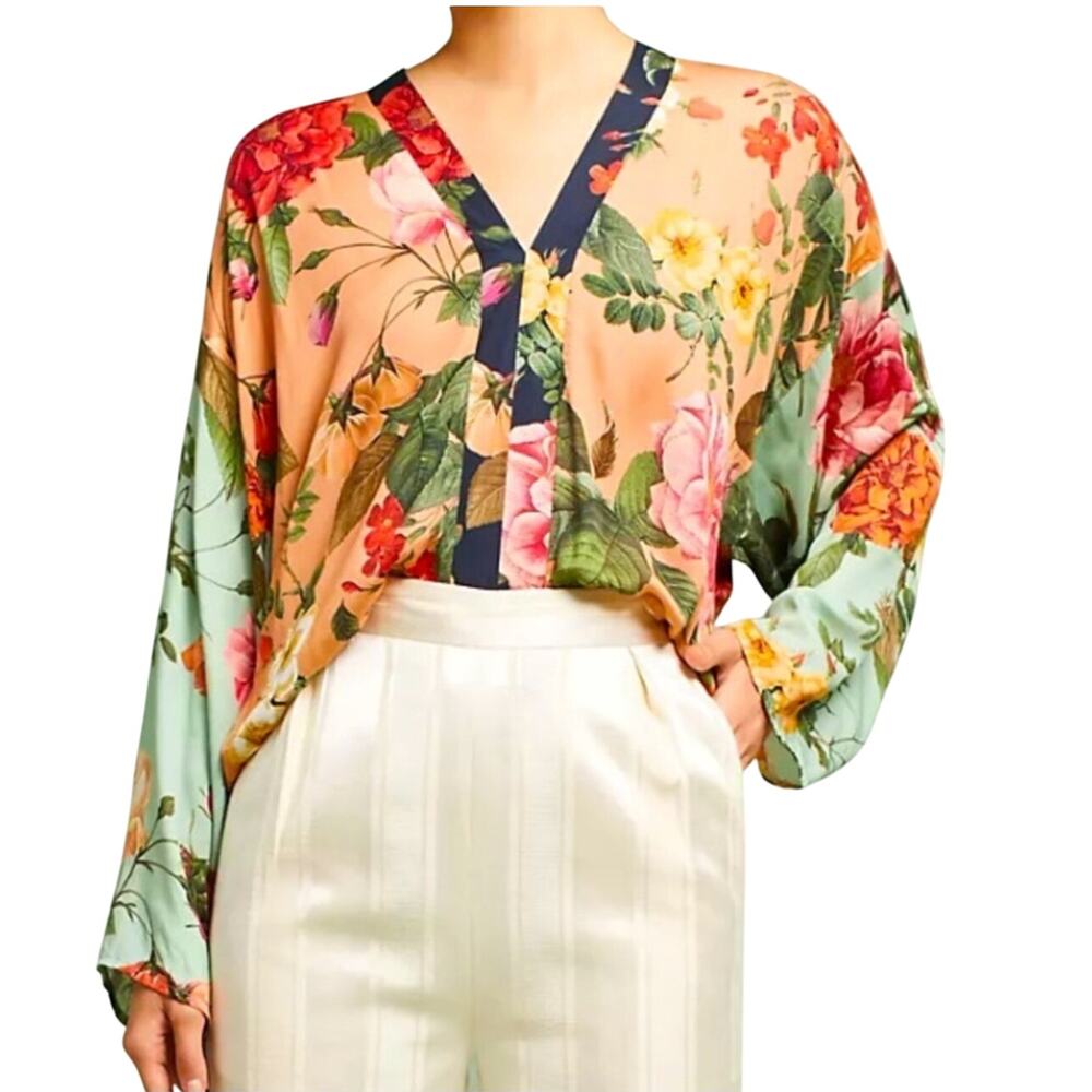 FARM Rio Peach & Mint Floral V-Neck Blouse with Navy Trim